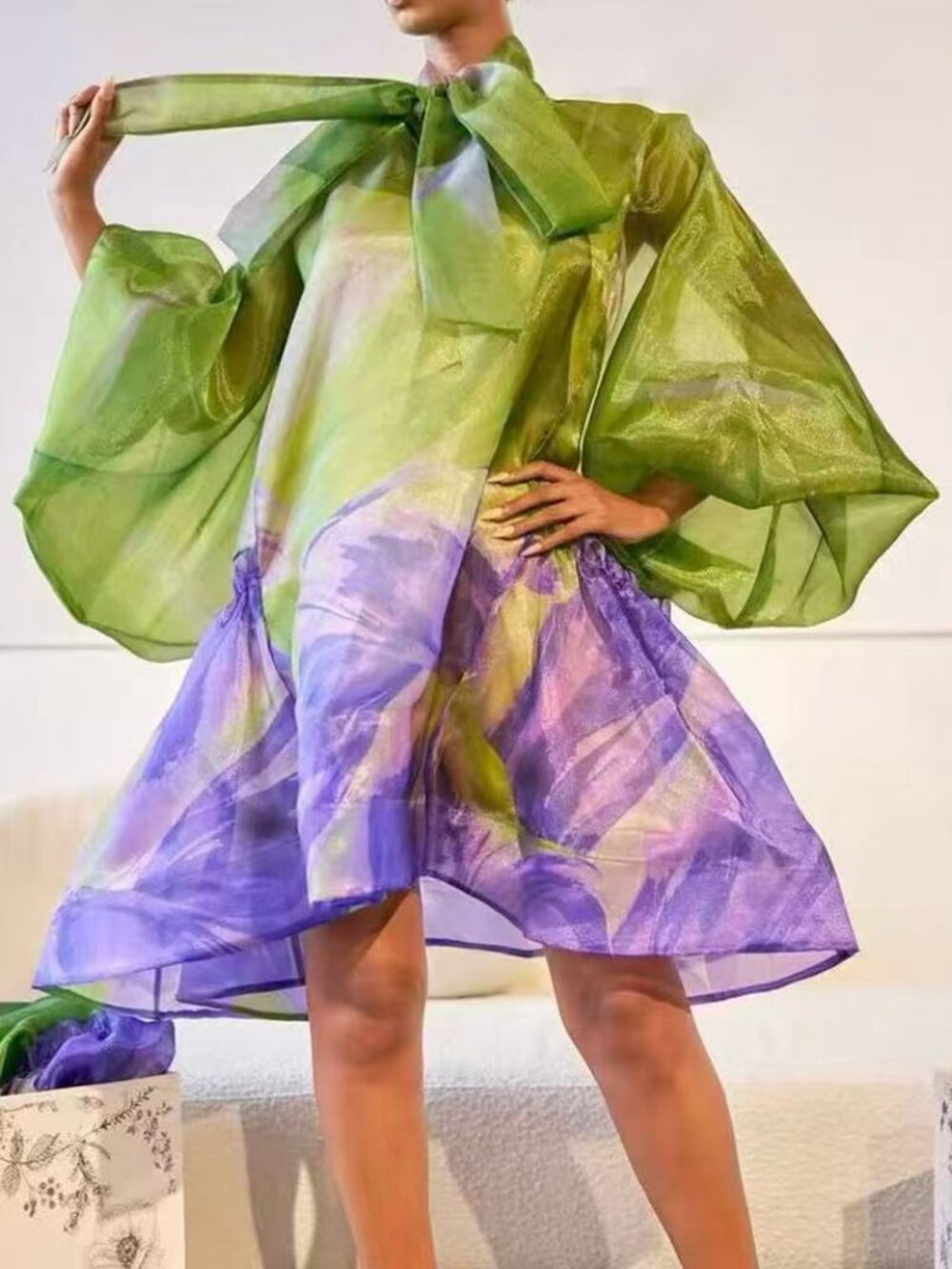 Green Purple Floral Organza Mini Dress Tie Neck Puff